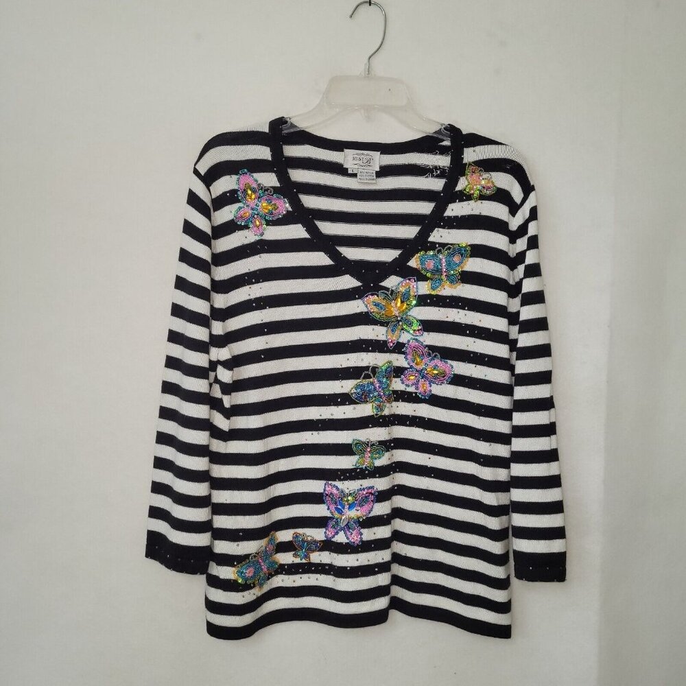 Just B‎ Sweater Womens L Striped Butterfly Beaded V-Neck Rayon Blend Long Sleeve